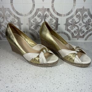 COLE HAAN AIR ESPADRILLE LEATHER WEDGES OPEN TOE SHOES WOMAN‎ SZ 8.5B GOLD